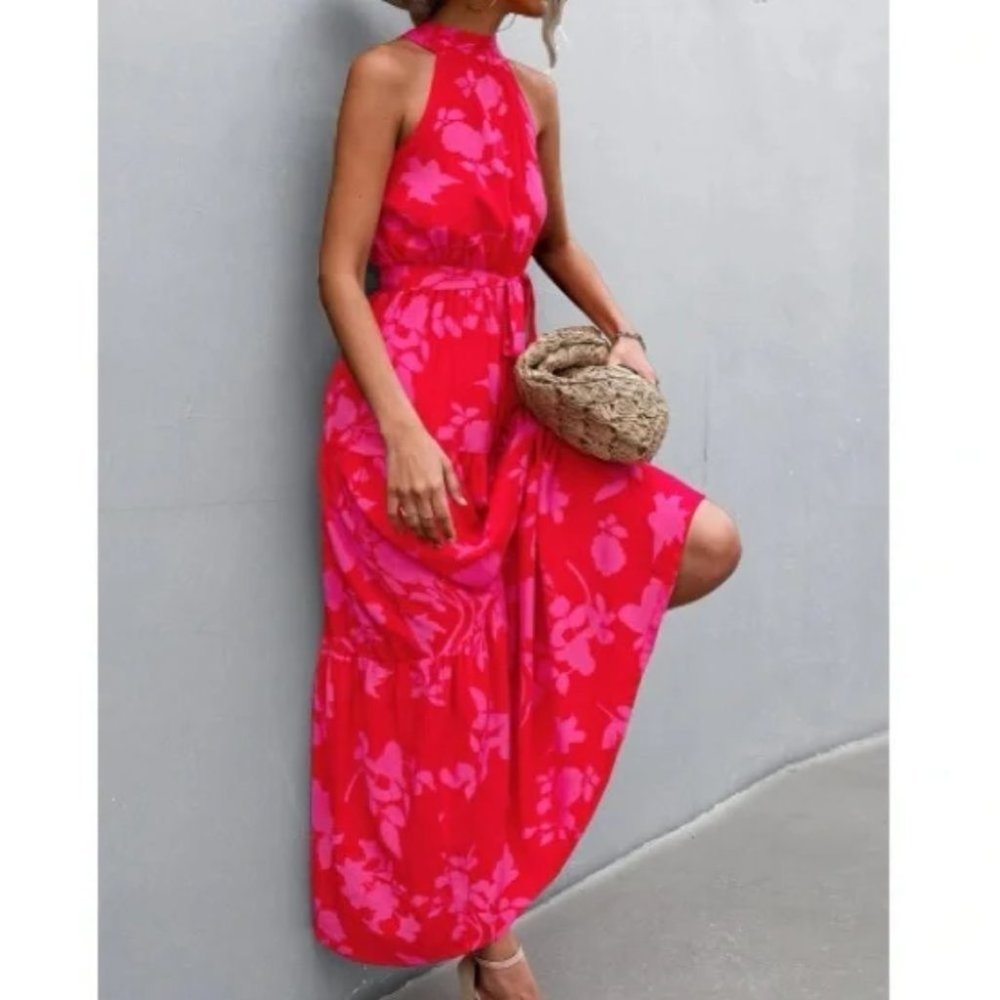 red pink floral print belted halter maxi dress -  Boho - Picture 4 of 11